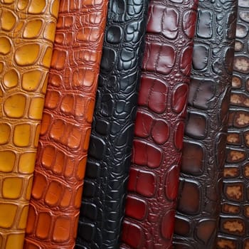 Different samples of genuine crocodile leather are arranged in vibrant colors. Each piece showcases unique textures and finishes, appealing to leather enthusiasts and designers. Generative AI.
