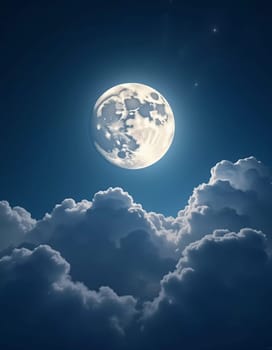 A luminous moon hangs in a dark sky, surrounded by soft clouds that create a dreamy ambiance. The scene invites quiet moments of reflection and wonder under the stars. Generative AI.