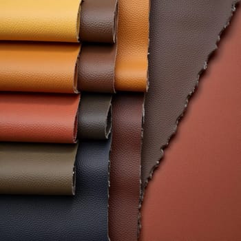 A collection of genuine pigskin leather samples showcases a variety of colors, including shades of orange, gold, brown, and black. Each piece displays unique textures and finishes. Generative AI.
