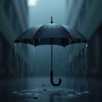A black umbrella stands upright in a puddle as heavy rain falls around it. The backdrop features blurred greenery, enhancing the atmosphere of a typical rainy day. Generative AI.