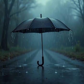 A black umbrella stands upright in a puddle as heavy rain falls around it. The backdrop features blurred greenery, enhancing the atmosphere of a typical rainy day. Generative AI.