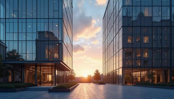 A towering office building with expansive glass windows reflects the vibrant colors of sunset. Urban surroundings and clear skies create a serene atmosphere as day transitions into night. Generate AI.