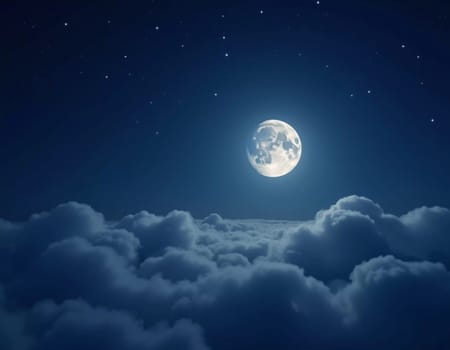 A luminous moon hangs in a dark sky, surrounded by soft clouds that create a dreamy ambiance. The scene invites quiet moments of reflection and wonder under the stars. Generative AI.