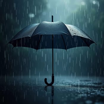 A black umbrella stands upright in a puddle as heavy rain falls around it. The backdrop features blurred greenery, enhancing the atmosphere of a typical rainy day. Generative AI.