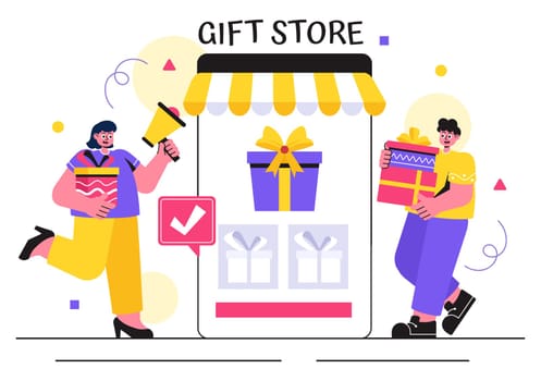 Gifts Store Vector Illustration featuring Wrapped Gift Boxes with Ribbons and Confetti, Perfect for Surprising Your Friends in a Flat Style Background