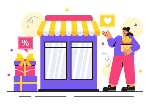 Gifts Store Vector Illustration featuring Wrapped Gift Boxes with Ribbons and Confetti, Perfect for Surprising Your Friends in a Flat Style Background