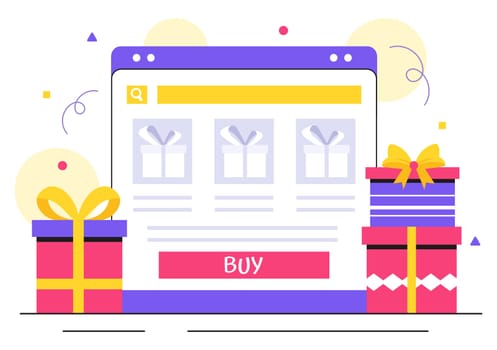 Gifts Store Vector Illustration featuring Wrapped Gift Boxes with Ribbons and Confetti, Perfect for Surprising Your Friends in a Flat Style Background