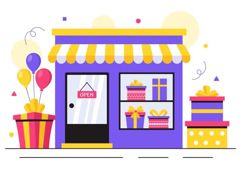 Gifts Store Vector Illustration featuring Wrapped Gift Boxes with Ribbons and Confetti, Perfect for Surprising Your Friends in a Flat Style Background