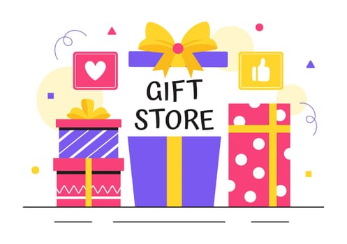Gifts Store Vector Illustration featuring Wrapped Gift Boxes with Ribbons and Confetti, Perfect for Surprising Your Friends in a Flat Style Background
