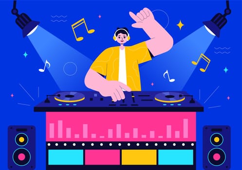 DJ Vector Illustration Featuring a Young Musician Wearing Headphones, Mixing Music on a Turntable, Nightlife Club Lifestyle at a Nightclub Party
