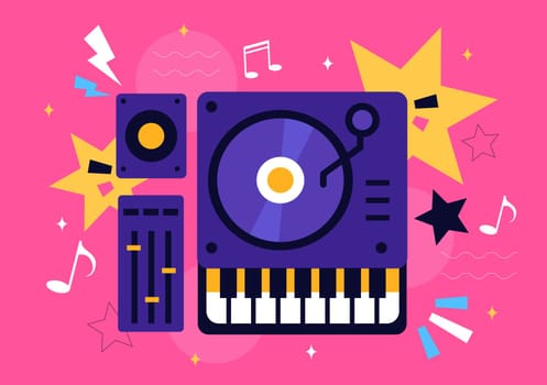 DJ Vector Illustration Featuring a Young Musician Wearing Headphones, Mixing Music on a Turntable, Nightlife Club Lifestyle at a Nightclub Party