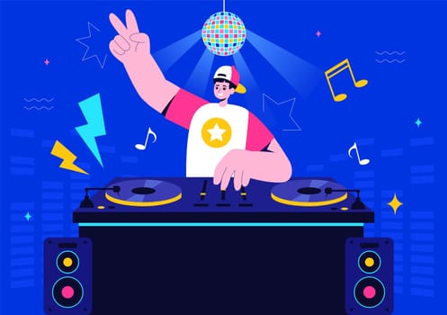 DJ Vector Illustration Featuring a Young Musician Wearing Headphones, Mixing Music on a Turntable, Nightlife Club Lifestyle at a Nightclub Party