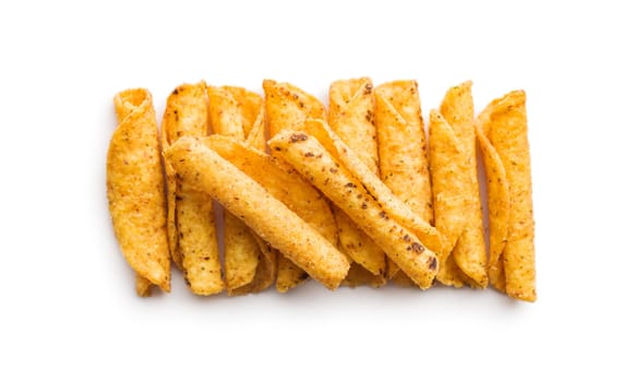 Rolled nachos tortilla chips isolated on a white background.