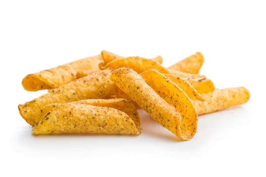 Rolled nachos tortilla chips isolated on a white background.