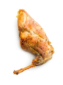 Roasted rabbit leg isolated on a white background.