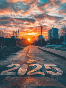 The number 2025 is displayed on a wet urban street, reflecting the sunrise of a new year in a city environment