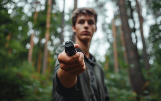 A focused hand holds a remote control in a lush forest setting, symbolizing the start of an outdoor adventure