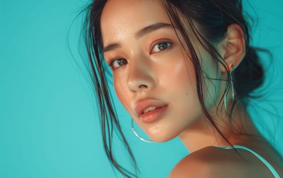 The ethereal beauty of a young woman is accentuated by a refreshing aqua backdrop, her dewy skin glowing with vitality and youth