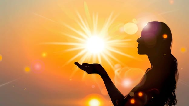 A woman's silhouette against a radiant sun creates a tranquil scene. Her open palm gently catches the warm sunlight, embodying peace and mindfulness