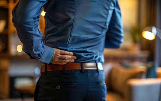 An office worker stands holding their lower back in pain, blurred office setting in the background, illustrating common workplace discomfort