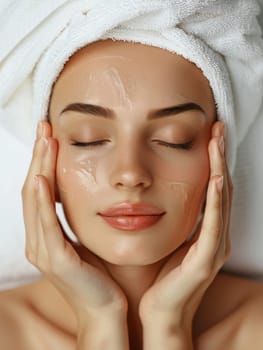 A woman enjoys a serene moment with a facial treatment, her hands gently cradling her face, epitomizing the relaxation and care of a spa day