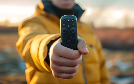 A hand holds a remote control against a golden sunset, evoking the power to navigate through channels as easily as through the horizon