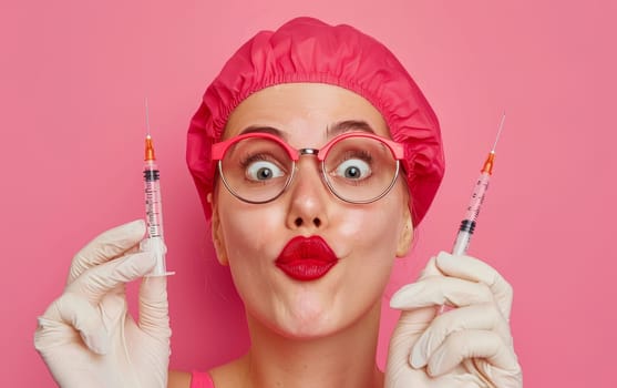 A woman humorously reacts to holding two cosmetic syringes, her wide-eyed expression and playful demeanor adding a comedic twist to beauty procedures