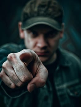 The stark focus on a man's pointing finger commands attention, with a blurred background emphasizing his authoritative gesture