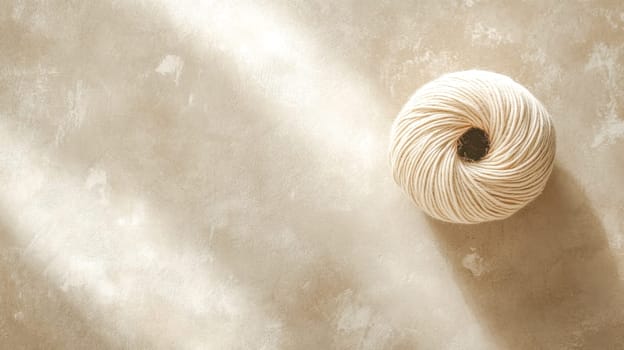 Neatly coiled ball of natural cotton twine lies on a textured surface, illuminated by soft sunlight, creating a cozy and inviting atmosphere perfect for craft and hobby projects