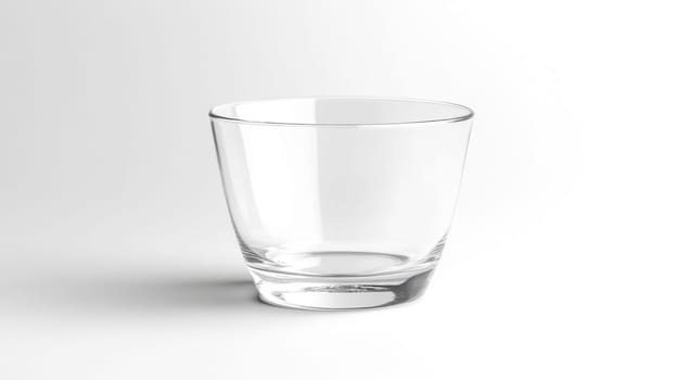 Empty transparent glass cup with smooth finish standing on a white background. Creating a clean and minimalist aesthetic. Perfect for showcasing beverages or adding a touch of elegance to any design