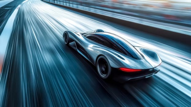 Futuristic silver racing car is speeding down a track at dusk, creating a sense of motion and excitement, with blurred background suggesting high velocity
