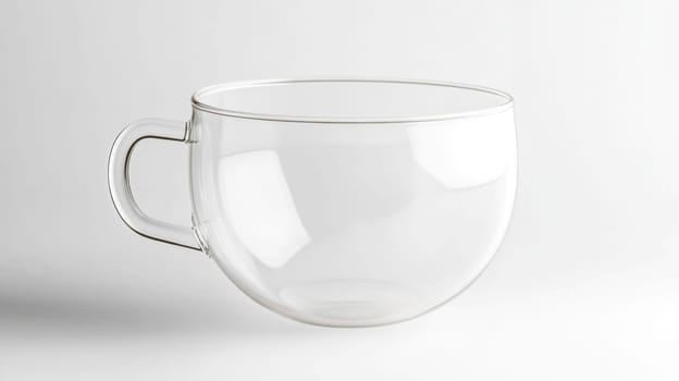 Studio shot featuring an empty, clear glass cup with a handle, placed on a plain white background, creating a minimalist and elegant composition ideal for showcasing beverages or design concepts