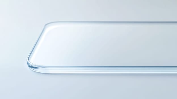 Close up of a single, thin acrylic sheet with rounded corners, delicately placed on a pristine white surface, creating a subtle interplay of light and transparency