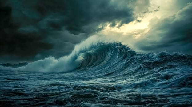 Dramatic scenery of a massive ocean wave rising powerfully under dark and stormy clouds, creating a breathtaking and awe inspiring natural spectacle