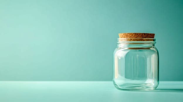 Featuring an empty transparent glass jar with a cork lid, resting on a vibrant turquoise surface, creating a clean and elegant composition with ample copy space for design purposes