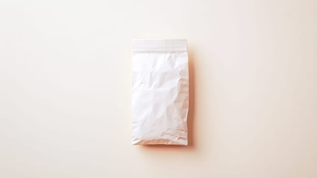 Crumpled white paper bag lying on a cream colored background, creating a minimalist and visually appealing scene, perfect for showcasing product packaging or branding designs