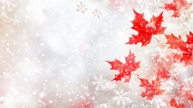 Snowflakes falling gently on vibrant red maple leaves create a beautiful winter scene, evoking the spirit of canada during the festive season