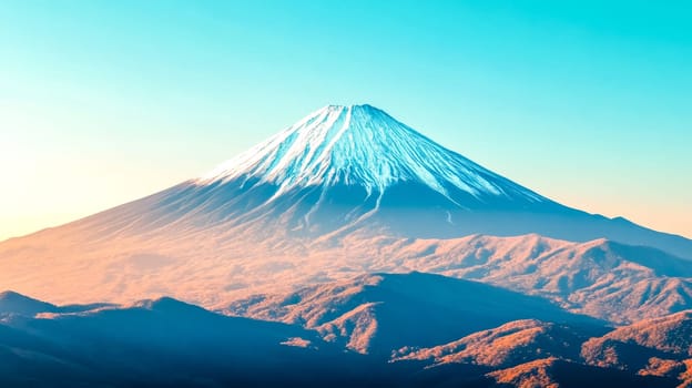 Mount fuji, japan's highest mountain, stands tall and majestic, its snow capped peak gleaming under a clear blue sky, creating a breathtaking view of the surrounding landscape
