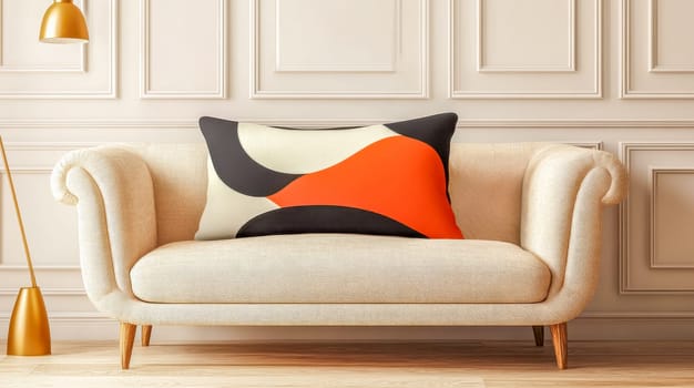 Modern beige sofa featuring a vibrant, abstract patterned pillow sits in a tastefully decorated living room, illuminated by a stylish gold floor lamp, creating a cozy and sophisticated ambiance
