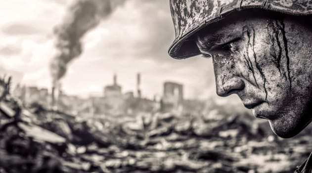 Tear streaked and dirty, a soldier contemplates the devastation of a destroyed city, with smoke rising ominously from the ruins in the background, capturing the essence of war's despair