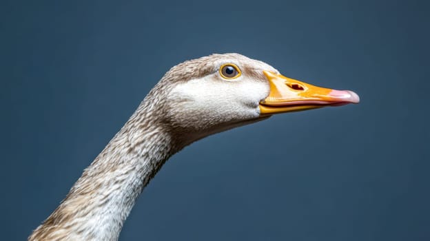 Close up profile of an american buff goose, highlighting its striking orange beak and intricate white and brown feathers against a vibrant blue background