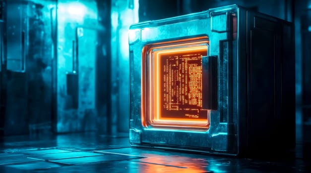 Futuristic digital vault displaying glowing code on a screen, symbolizing data security and protection in a high tech environment with blue neon lights