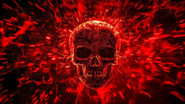 Binary code forming a flaming skull symbolizes digital dangers and vulnerabilities in computer networks, highlighting cybersecurity threats
