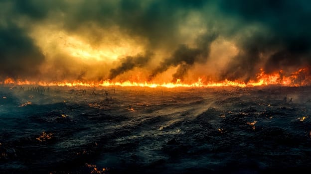 Large field is burning with a line of fire stretching across, creating a dramatic scene with dark smoke filling the sky and glowing embers scattered on the ground