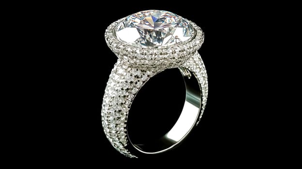 Luxurious sparkling diamond ring resting on a black background, highlighting exquisite design and brilliant gemstones. Perfectly capturing elegance and high end craftsmanship