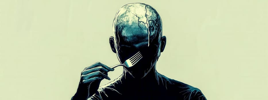 Surreal illustration featuring a dark figure holding a fork in front of their face, obscuring identity while consuming something unseen, evoking mystery and anonymity