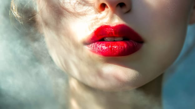 Close up of a woman's lower face, highlighting her vibrant red lipstick amidst a misty or smoky atmosphere, creating a dramatic and sensual effect