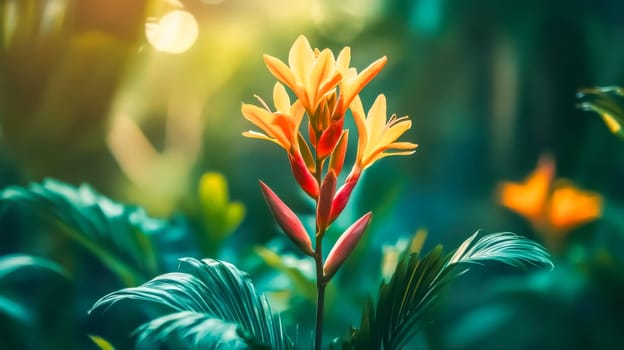 Warm sunlight illuminates a vibrant orange flower in full bloom, creating a striking contrast against the lush green foliage of a tropical garden