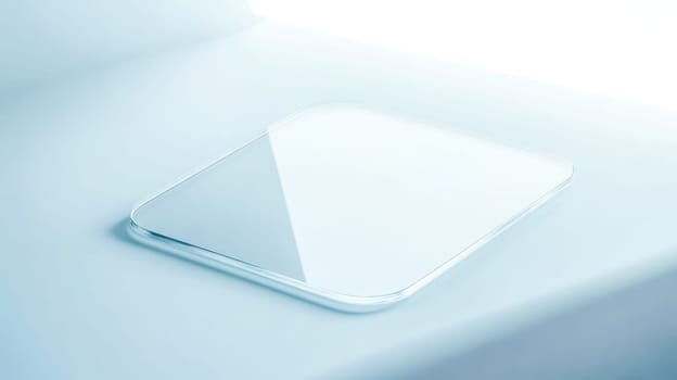 Single, thin acrylic sheet with rounded corners resting on a smooth, light blue surface, reflecting light and embodying a minimalist, modern aesthetic for design use