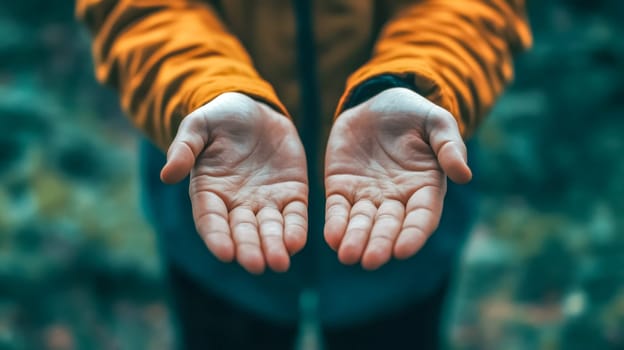 Hiker showing empty hands, expressing a concept of offering, requesting, receiving, or demonstrating emptiness in a natural outdoor setting